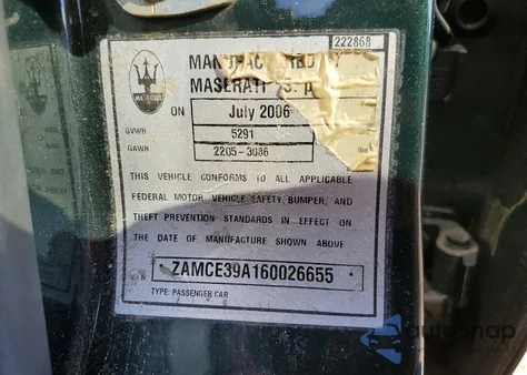 2006 Maserati Quattroporte M139 z USA, uszkodzony, nr VIN ZAMCE39A160026655